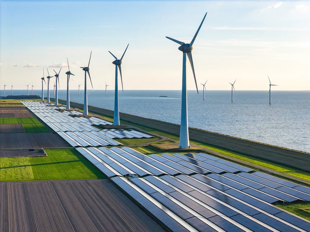 Wind turbines and solar panel fields along the coast of the Noordoostpolder in Friesland
Lemmer, the Netherlands, September 2025