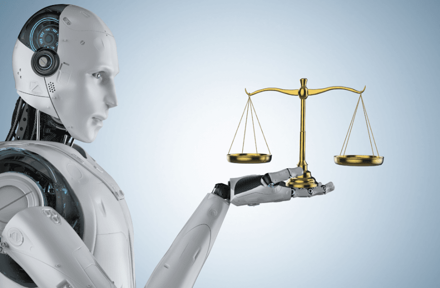 A robot holds scales of justice in hands