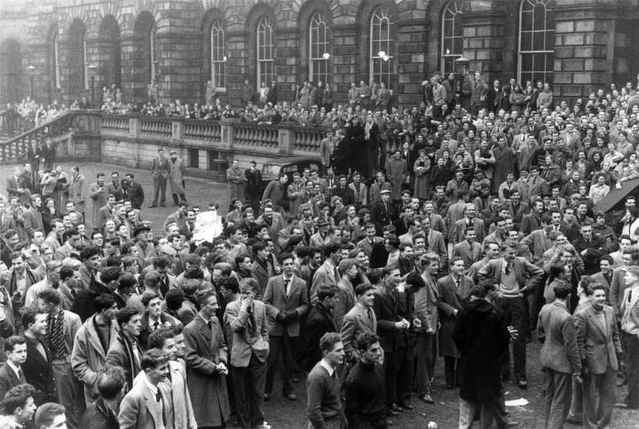 Students gather in Old College during Suez Crisis in 1956