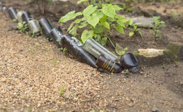 Image shows bottles labelled 'poison' lying on the ground.