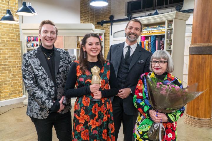 Serena with the host and judges after winning the Great British Sewing Bee