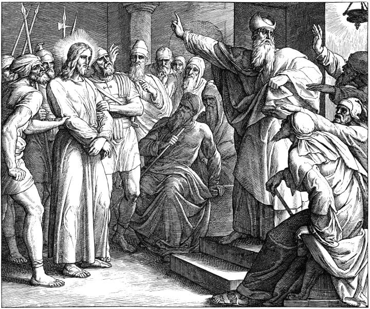 Jesus' Trial Before Caiaphas, engraving by Julius Schnorr von Carolsfeld (March 26, 1794 - May 24, 1872)