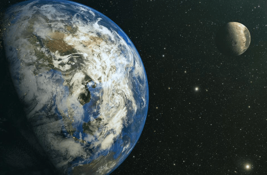 Illustrated view of planet Earth and the Moon from space.