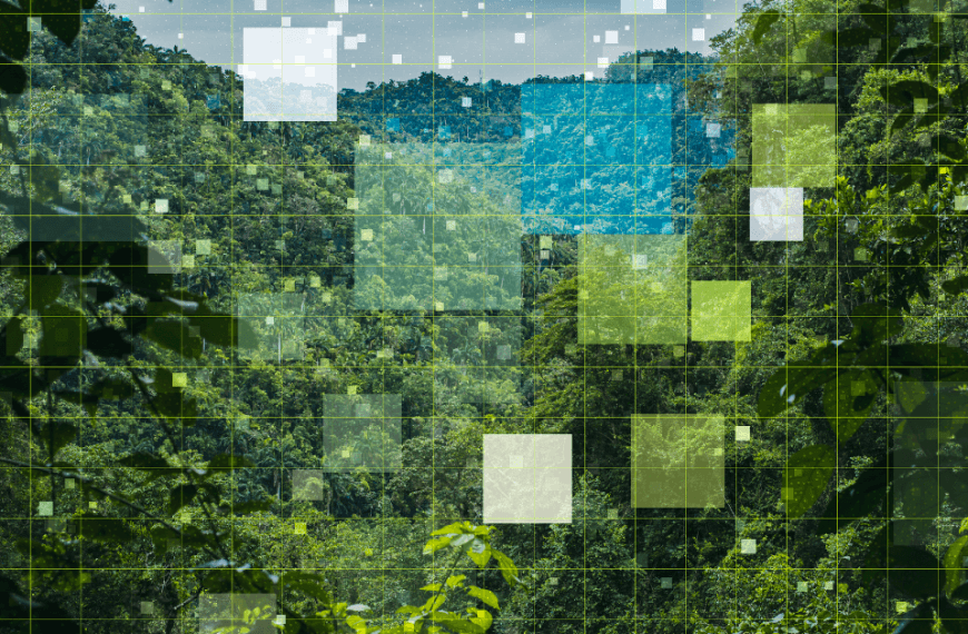 Green trees with pixelated boxes overlayed