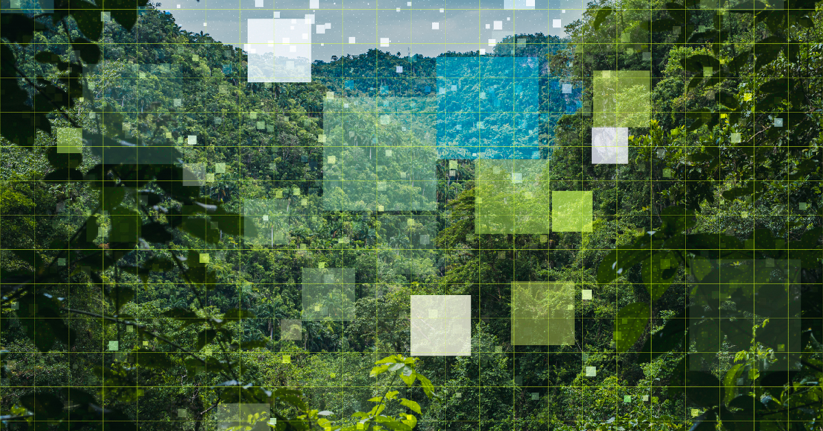 Green trees with pixelated boxes overlayed