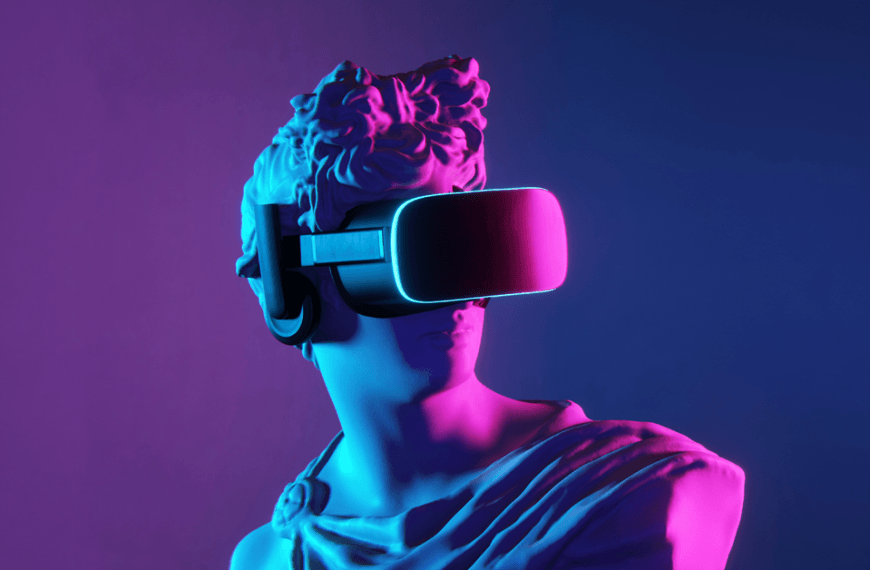 Bust of Apollo equipped with VR headset. Metaverse concept with copy space. 3D rendering