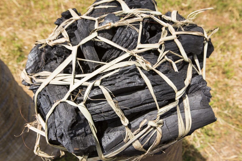 Charcoal logs are bundled into a net parcel.