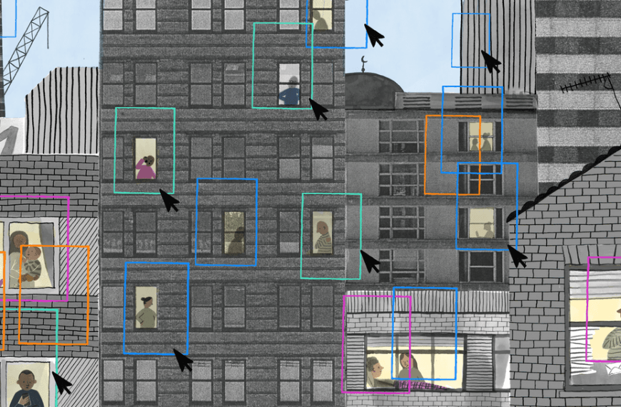 An animated image showing people at work and leisure in city buildings
