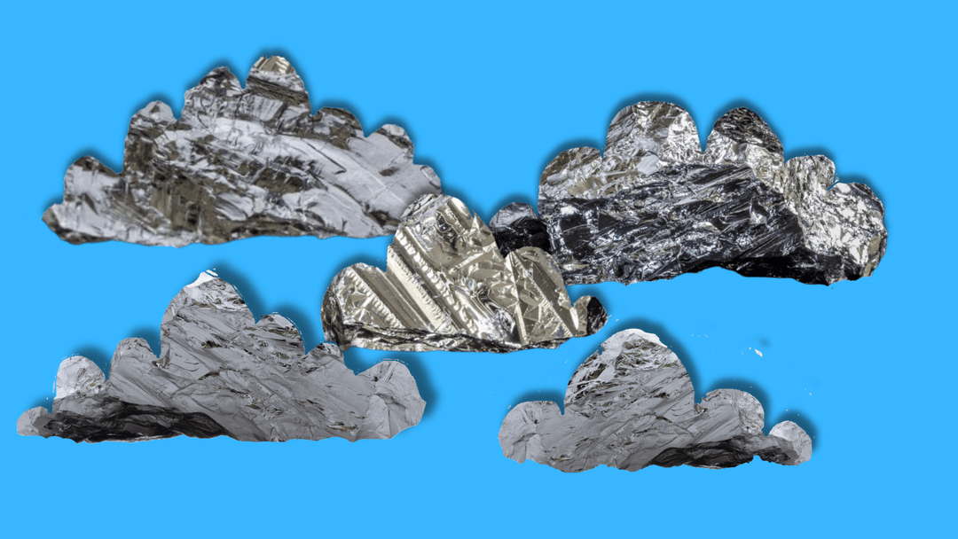 A series of metallic clouds made of silicon are shown against a blue sky backdrop.