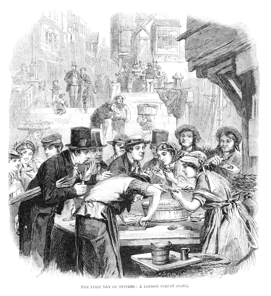 Illustration from a British newspaper in 1861 showing the first day of oysters in London. 