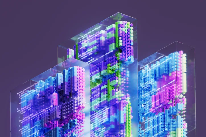Colourful digital blocks representing artificial intelligence generating lines of code inside transparent glass cubes.