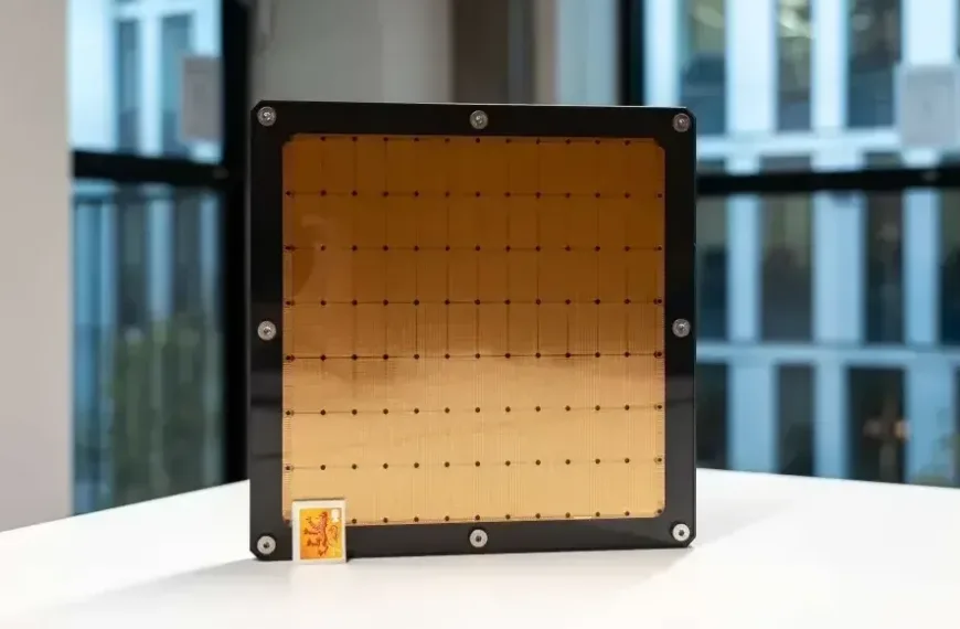 A large macrochip , the size of a dinner plate, with a small stamp in the corner for size comparison.