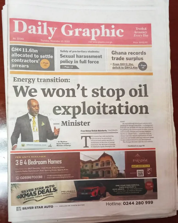 The front page of Ghana's Daily Graphic newspaper with a headline about oil exploitation