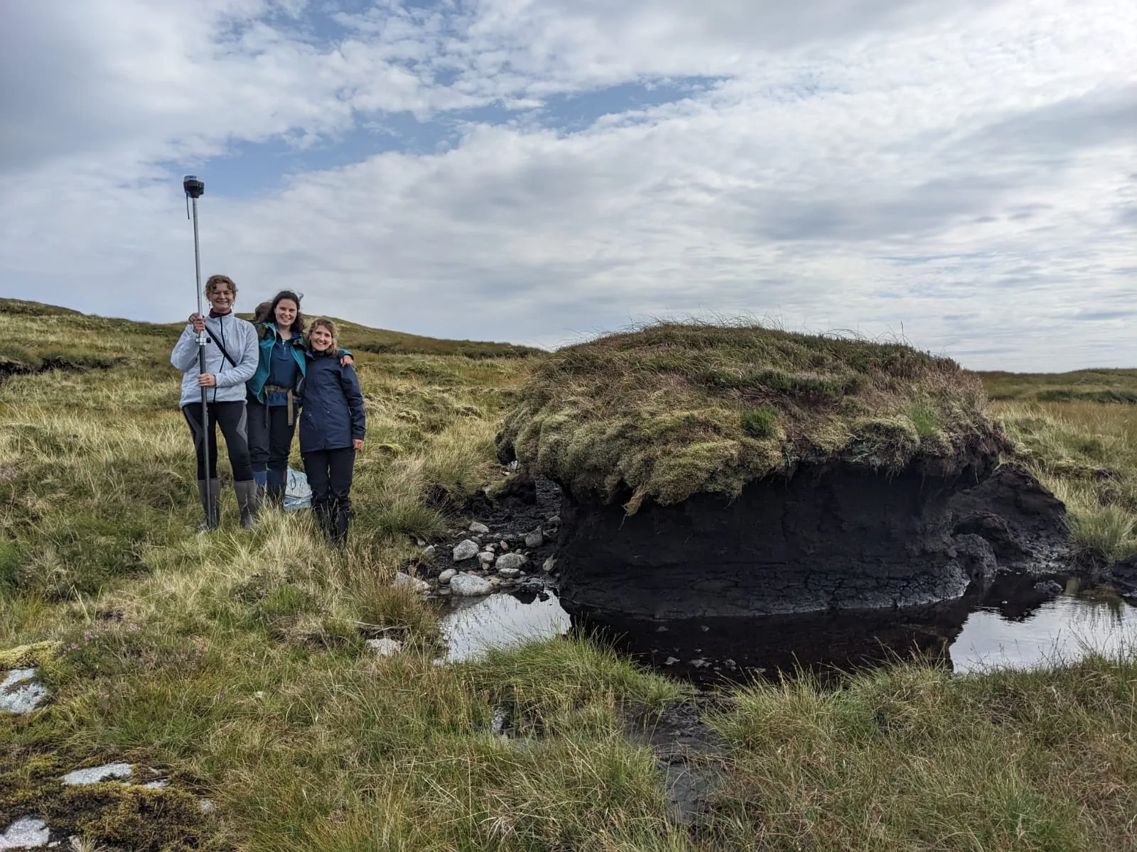 (L-R) Tilda Tarrant, Rachel Orchard and Mareike Feldmann pose for a photo on boggy terrain at Ardtornish Estate, Morvern