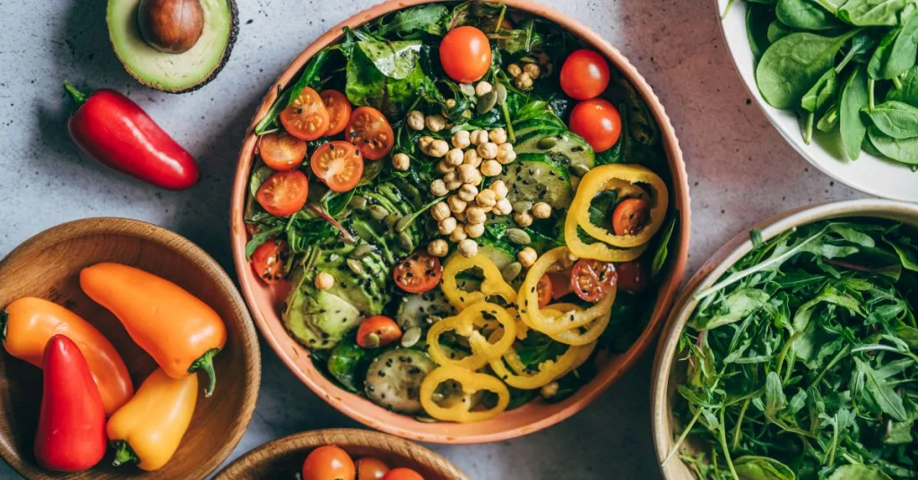 Bowls of salad and vegetables sitting on a dining table 