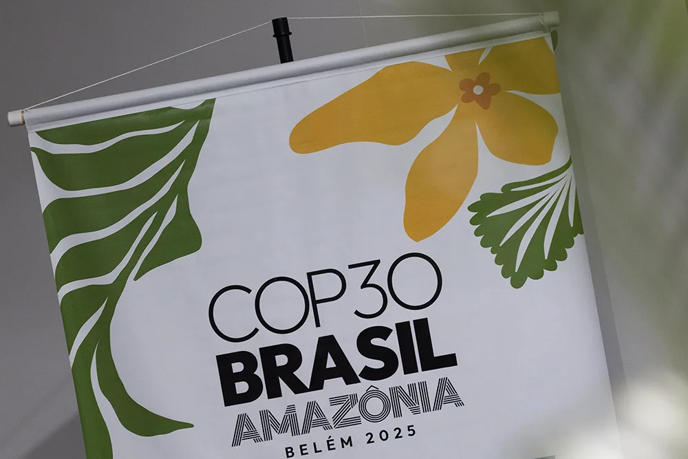 Banner saying COP30 Brasil, Amazonia, Belem 2025.