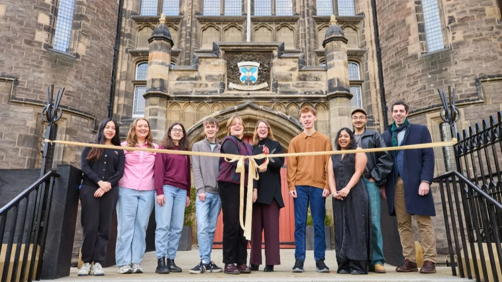 A group of students from the Edinburgh University Students' Association and University Associate Principal and Deputy Secretary, Students, Lucy Evans, pictured cutting a ribbon on the steps of the Teviot building to mark its reopening. 
