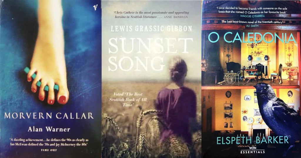 A photograph of three book covers to highlight three of the books highlighted by Dr McKeever in his answer. The photograph shows the cover of the books Morven Callar by Alan Warner, Sunset Song by Lewis Grassic Gibson and O Caledonia by Elspeth Barker. They are shown next to each other to display the wide range of book cover designs around nowadays, showing from left to right, a close up photograph of a woman's foot with painted tow nails; then a photograph of a woman standing waist height  in a field of corn, with her back to the camera, and lastly a montage book cover image showing a crow sitting perched in front of a dolls house.