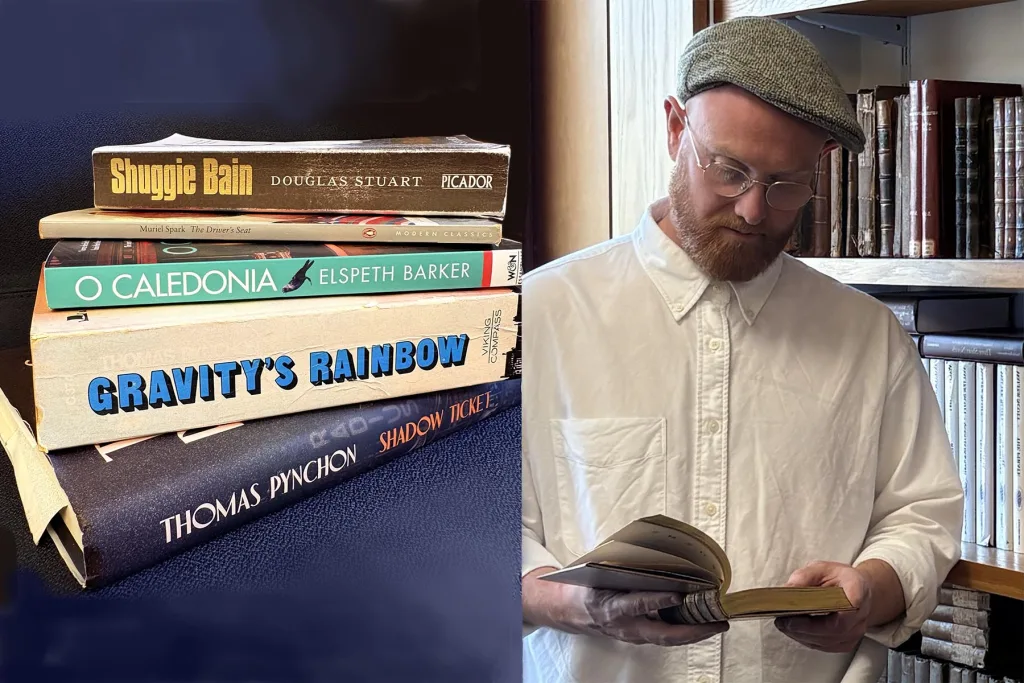 This image is a montage of two photographs. The photograph on the left shows a stacked pile of books including Thomas Pynchon's Shadow Ticket and Gravity Rainbow, O Caledonia by Elspeth Barker, Muriel Spark's The Driver's Seat and on top of the pile, Douglas Stuart's title, Shuggie Bain. On the right side of the montage is a photograph of Dr McKeever, looking at a very old copy of one of his Walter Scott editions. He looks down at the book in his hand.