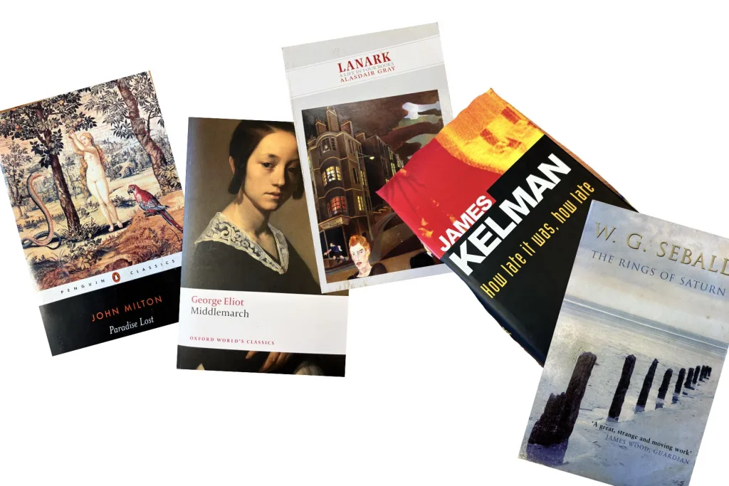 The photograph shows five books scattered from left to right, to highlight a few of the books chosen by the interviewee as his top ten books. They range in date from John Milton's Paradise Lost which shows the Penguin Classic edition, to George Elliot's Middlemarch, to Lanark by Alasdair Gray, to James Kelman's book How late it was, how late and lastly the book cover by W G Sebald, of The Rings of Saturn. Each shows a different style of book cover design as well as reflecting the chronological order that Dr McKeever chooses to mention these by.