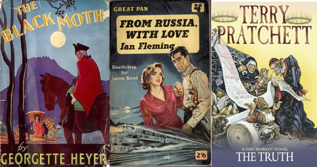 This is a photograph of three book titles from different eras of publishing, but all three use pictorial, hand drawn illustrations for their cover designs.. From left to right the books shown are The Black Moth by Georgette Heyer; From Russia with Love by Ian Flemming and The Truth by Terry Pratchett.