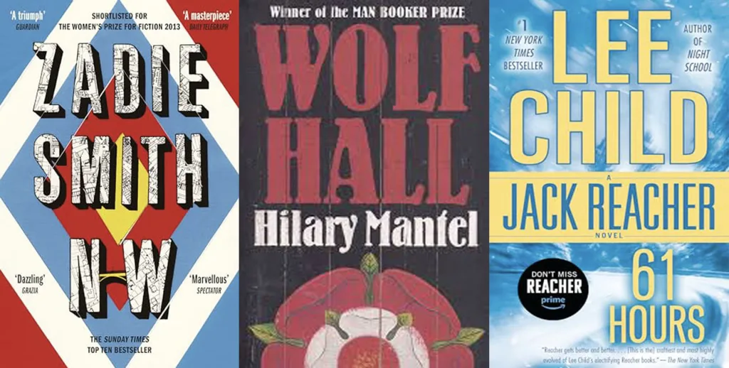 This is a photograph showing three book covers all designed in recent times. All three show designs that focus on font use to have an impact. The three books from left to right are Zadie Smith's NW; Hilary Mantel's Wolf Hall; and Lee Child's 60 Hours.