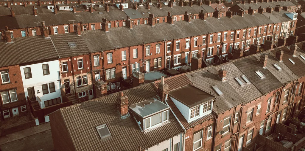 UK streets of densely packed, run down, terraced houses 