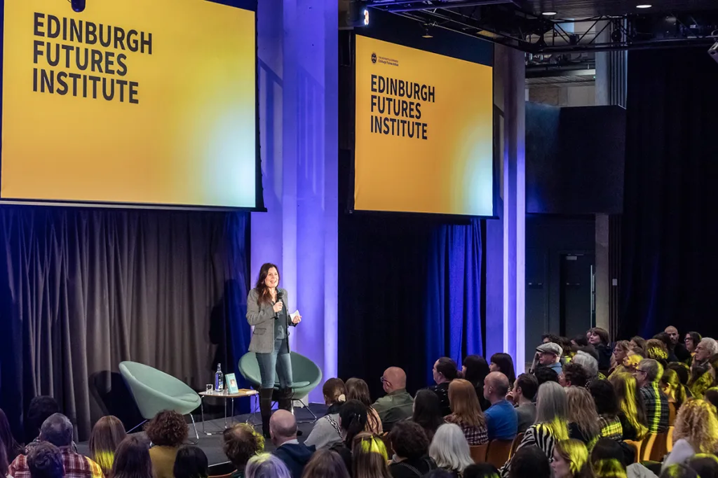 Professor Marion Thain addresses an audience at Edinburgh Futures Institute