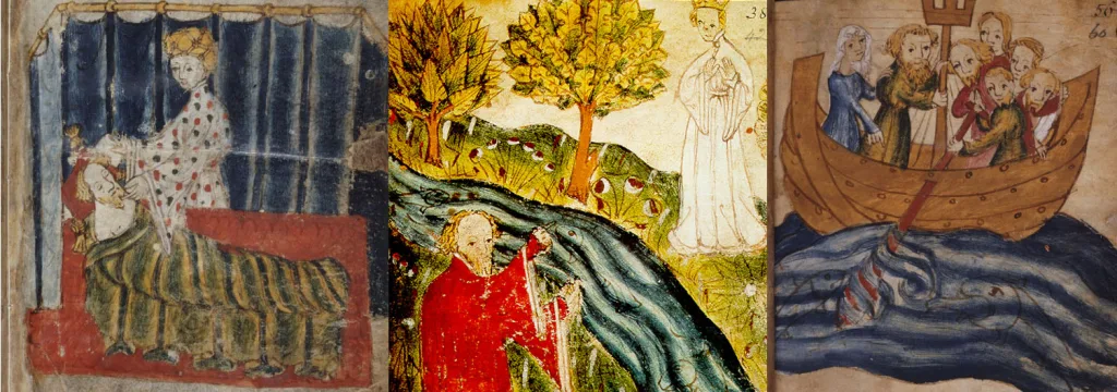 This is a montage-style photograph of three medeival images, dating from the late 14th century. They show characters in the poems Sir Fawain and the Green Knight and the father and daughter described in the text Pearl, in key scenes from the stories. They're used here to illustrate how lucid the drawings are, and how much they add to the author's writings, and how relevant they are for today's readers.
