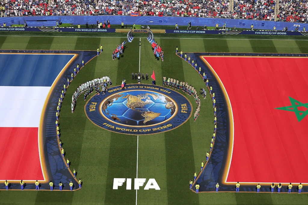 Players and match officials line up before the FIFA World Cup 2026 Quarter Final match between France and Morocco