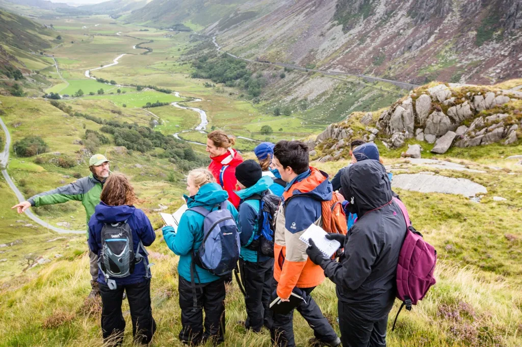 A group of students in Snowdonia. Dressed in outdoor gear, it looks windy.